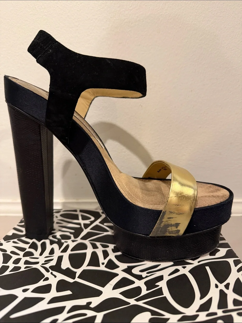 Diane Von Furstenberg Black and Gold Platform Block Heel Sandals